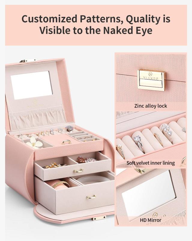 Vlando 半円形ジュエリーボックス 中規模の宝石箱 プレゼントミラー 鏡付き ピアス ネックレス 指輪 リング アクセサリー 指輪置き ジュ