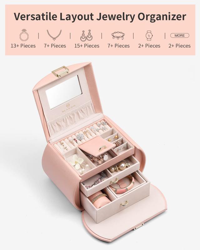 Vlando 半円形ジュエリーボックス 中規模の宝石箱 プレゼントミラー 鏡付き ピアス ネックレス 指輪 リング アクセサリー 指輪置き ジュ