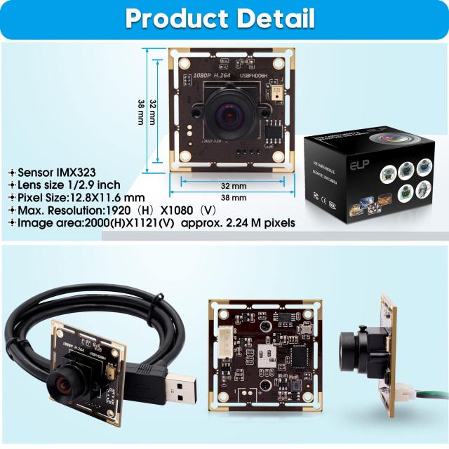 ELP 1080P USBカメラモジュール 100度無歪みレンズ付き 2MP小型USB