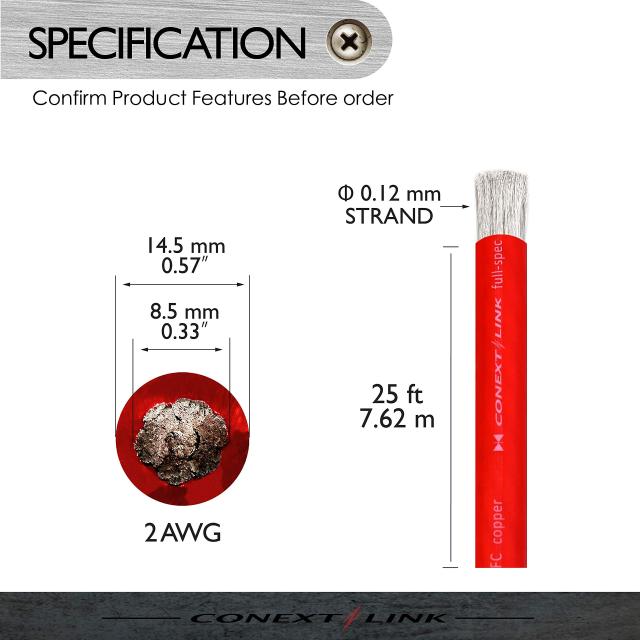 Conext Link 25 FT 2 AWG GAフルゲージバッテリー電源ケーブルアース線のフロストレッドOFC銅_2