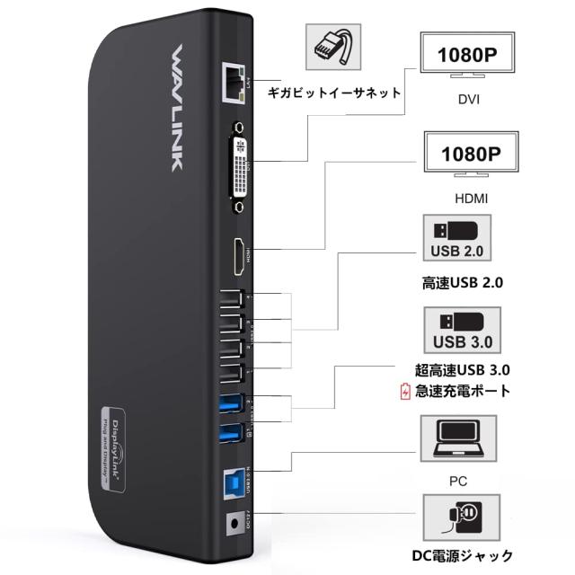 Wavlink USB 3.0 ユニバーサル・ドッキングステーション・デュアル ビデオモニタ・ディスプレイ 最高解像度2048x1152のDVI ＆ HDMI ＆ VGA_1