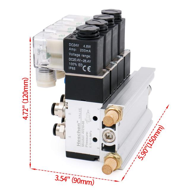Heschen 空気圧 電磁弁 4V210-08 PT1/4 24V DC 5ウェイ 2ポジション シングルコイル 4 ソレノイドバルブ接続されたベースマフラー_4