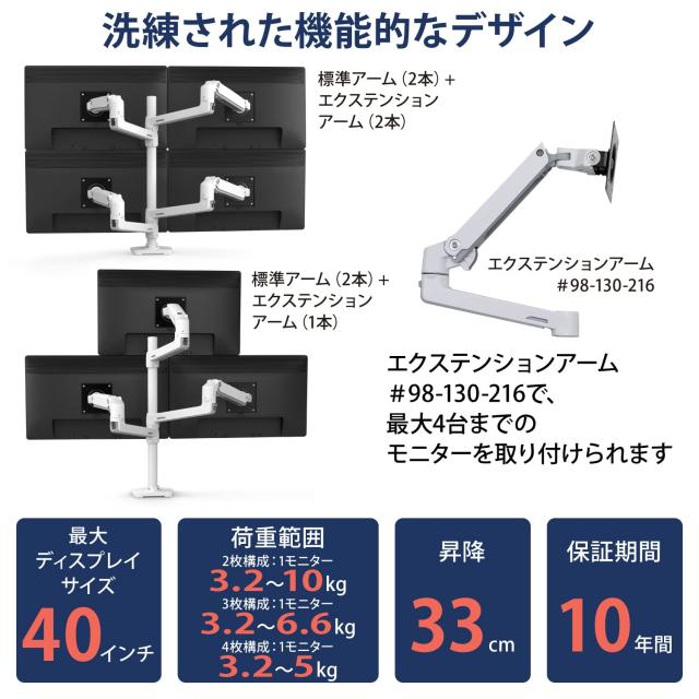 ERGOTRON エルゴトロン LX モニターアーム デスクマウント デュアル 縦/横型 ロングポール 2画面 ホワイト/白 40インチ(3.2~10kg/1モニタ_1