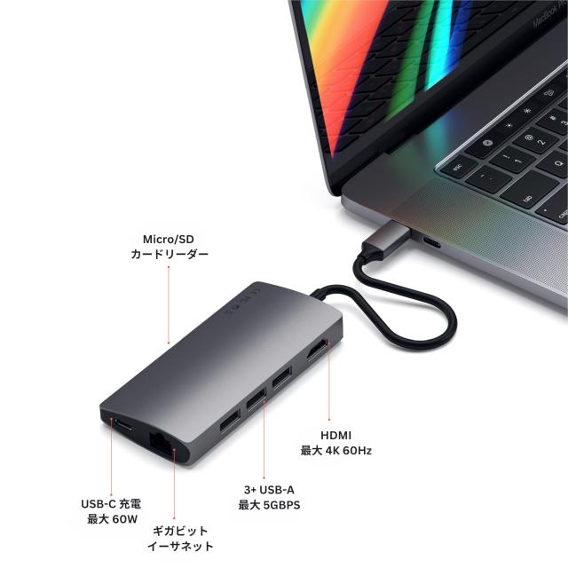 Satechi V2 マルチ USB-C ハブ 8-in-1 (スペースグレイ) 4K HDMI(60Hz), イーサネット, USBC PD充電, SDカードリーダー, USB3.0ポートx3