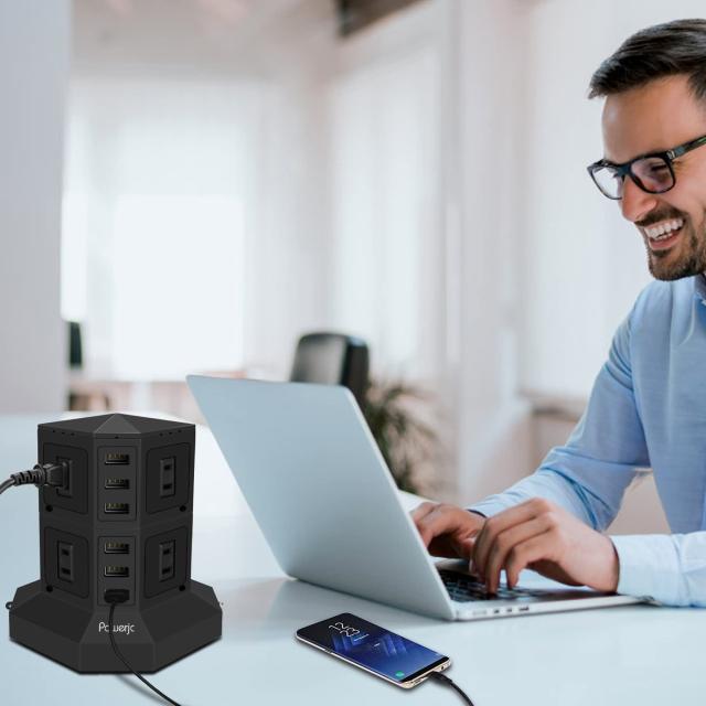 POWERJC タワー式 電源タップ 縦型コンセント AC差込口+USBポート約3M POWERJC タワー式 電源タップ 縦型コンセント AC差込口+USBポート約3M