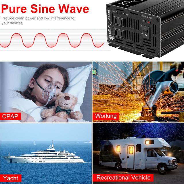 Xijia インバーター 1000W 純正弦波 DC12V→AC100V 変換【瞬間最大2000W】50/60Hz切替対応 2口ACコンセント搭載 ソーラー用・オフグリッ_3
