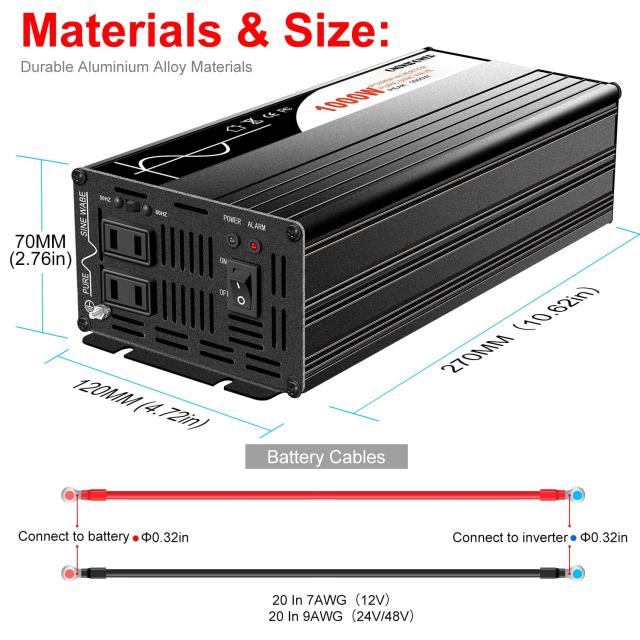 Xijia インバーター 1000W 純正弦波 DC12V→AC100V 変換【瞬間最大2000W】50/60Hz切替対応 2口ACコンセント搭載 ソーラー用・オフグリッ_4