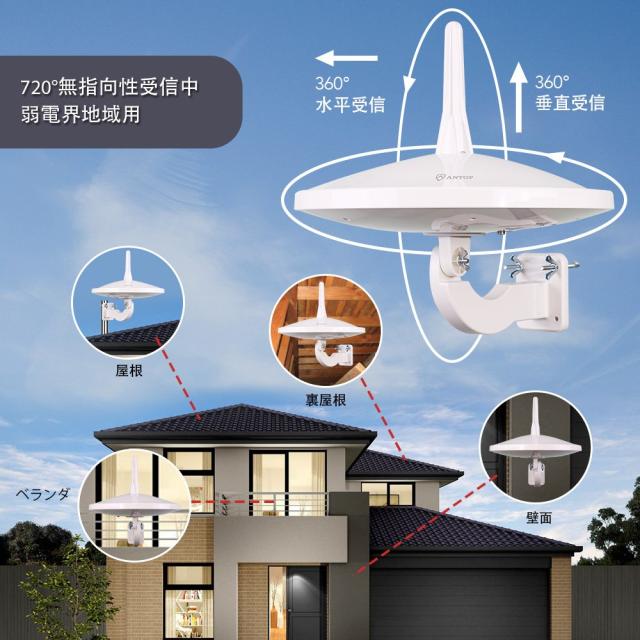 ANTOP 地デジアンテナ 室外テレビアンテナ UHF対応 地上デジタル放送用 HD TVアンテナ ブースター内蔵 720°全方位受信 105Km受信範囲 10_1
