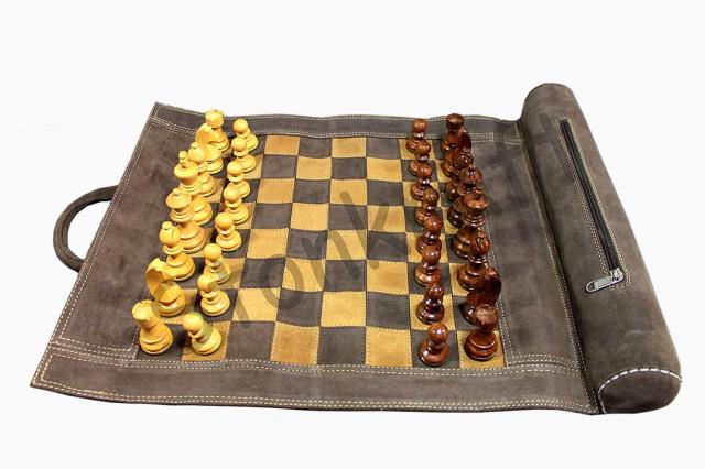 StonKraft 19”x 15”(チェスボードサイズ12”x 12”)本物のロールアップレザーチェスセット木製チェスピース - ブラウングレー |革新的なキ StonKraft 19”x 15”(チェスボードサイズ12”x 12”)本物のロールアップレザーチェスセット木製チェスピース - ブラウングレー |革新的なキ