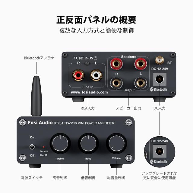 Fosi Audio BT20A Bluetooth 5.0 パワーアンプ 2.0CH ステレオ オーディオアンプ 100W*2 TPA3116 レシーバー 2チャンネル ミニ Hi-Fi ク