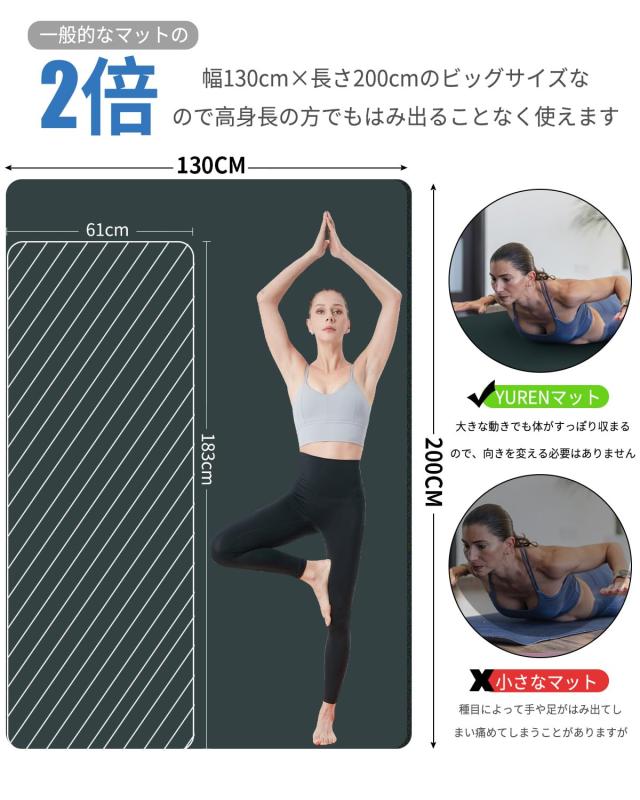 YUREN トレーニングマット 大きい 幅広 200CM X130CM 厚め20MM 高密度NBR素材 大型 ヨガマット エクササイズマット 筋トレマット 防音 防_1