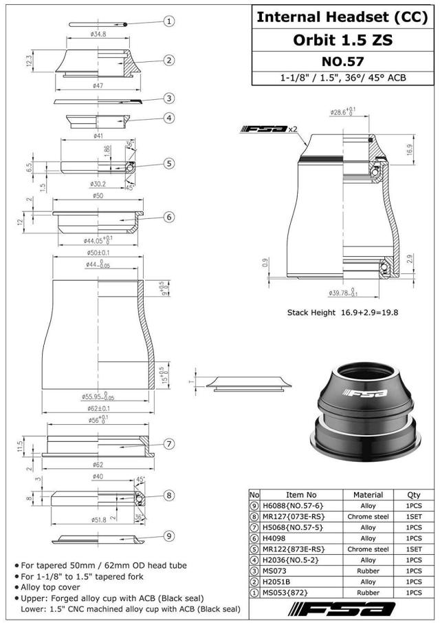 FSA No.57 Orbit Headset Sealed Bearing 1.5 ZS 1-1/8”-1.5” Tapered Integrated #XTE1531_3