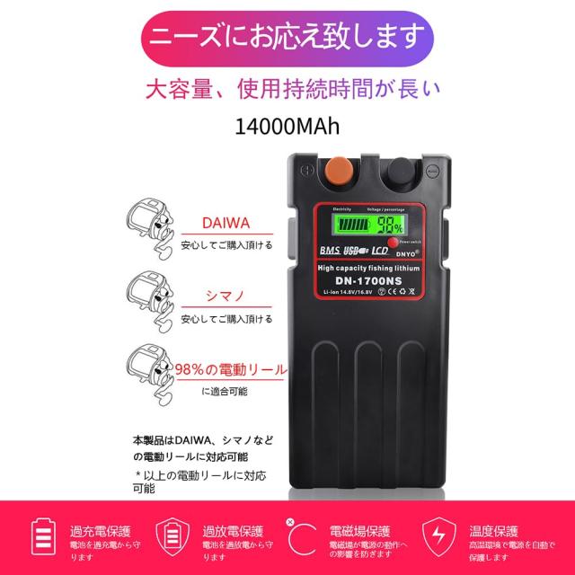 ダイワ シマノ 電動リール用 DN-1700NS  互換バッテリー 充電器 セット 14.8V 10400mAh大容量