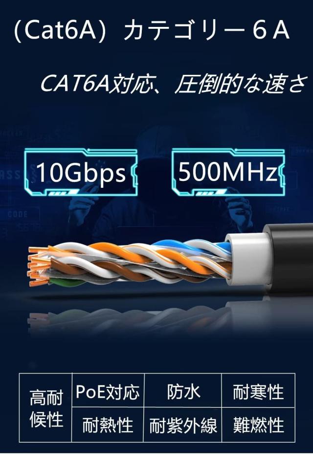 80M CAT6A 屋外 LANケーブル 屋外仕様 2重被覆 PoE対応 カテゴリー6A 屋外用 コネクタ付 インターネットケーブル 紫外線 難燃性 耐候性_4