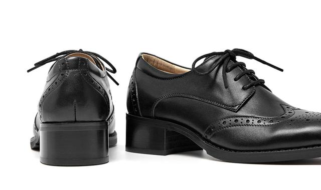 [ZUYEE] (ズイェ) レディース レースアップシューズ 本革 ウイングチップ 太めヒール オックスフォードシューズ 通勤 ブラック 25.0cm