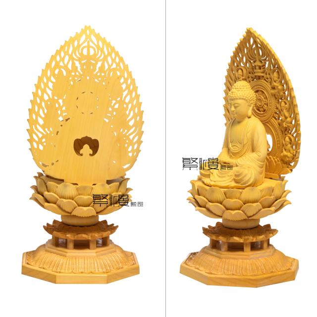 TheChanger仏像 木彫り 置物 釈迦如来 TheChanger 仏壇仏像 祈る 厄除け 柘植の木 飛天光背 八角台座 （高さ17cm×巾8.5cm×奥行8.5cm）_3
