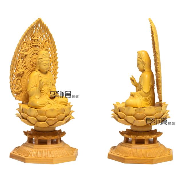 TheChanger 繁樓藝雕 仏像 観音像 観音菩薩 仏壇仏像 木彫り 置物 飛天光背 八角台座 柘植の木 祈る 厄除け（高さ17cm×巾8.5cm×奥行8.5