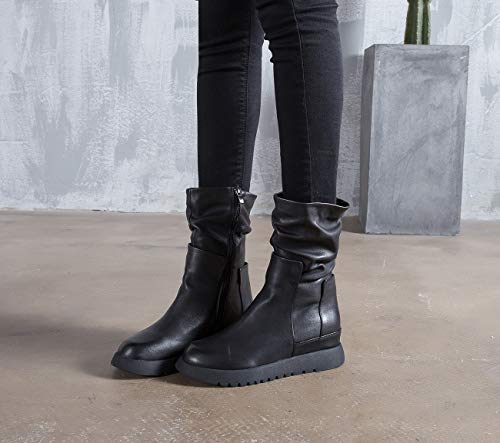 [ZUYEE] (ズイェ) レディース ショートブーツ 本革 サイドジップ 厚底 インヒール 歩きやすい カジュアル ブラック 24.5cm