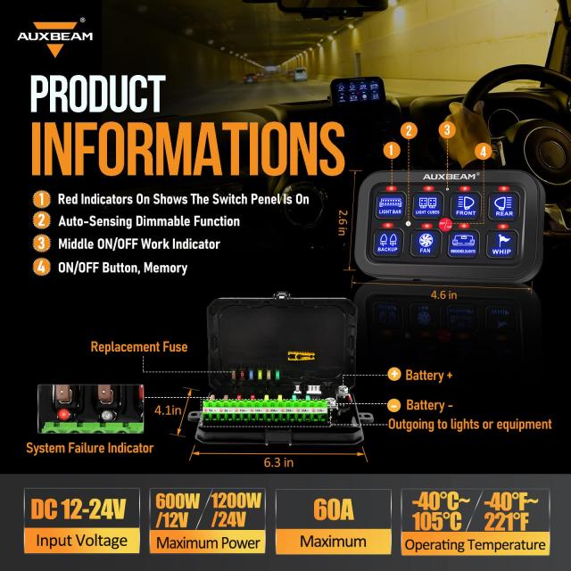 Auxbeam 8ギャングスイッチパネル BA80 自動調光機能付きLEDタッチ 