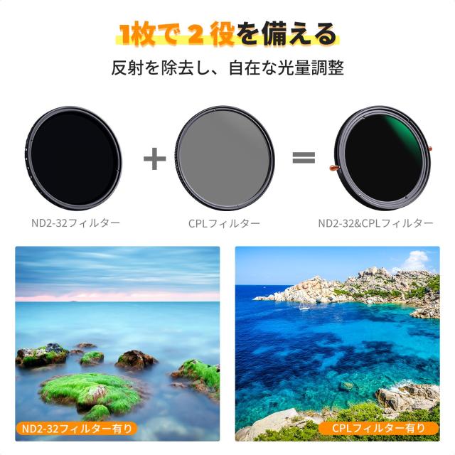K＆F Concept 77mm 可変NDフィルターND2-ND32+CPLフィルター 1枚2役レンズフィルター X状ムラなし 日本製AGC光学ガラス HD超解像力 低い反の通販は