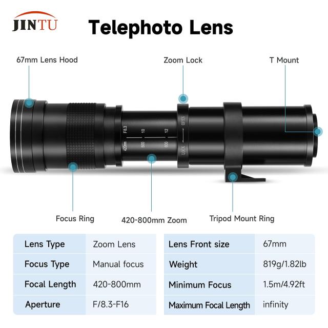 JINTU 420-800mm f/8.3 HD マニュアルフォーカス望遠ズーム レンズにとってニコン一眼レフデジタルカメラレンズD5600 JINTU 420-800mm f&frasl;8.3 HD マニュアルフォーカス望遠ズーム レンズ