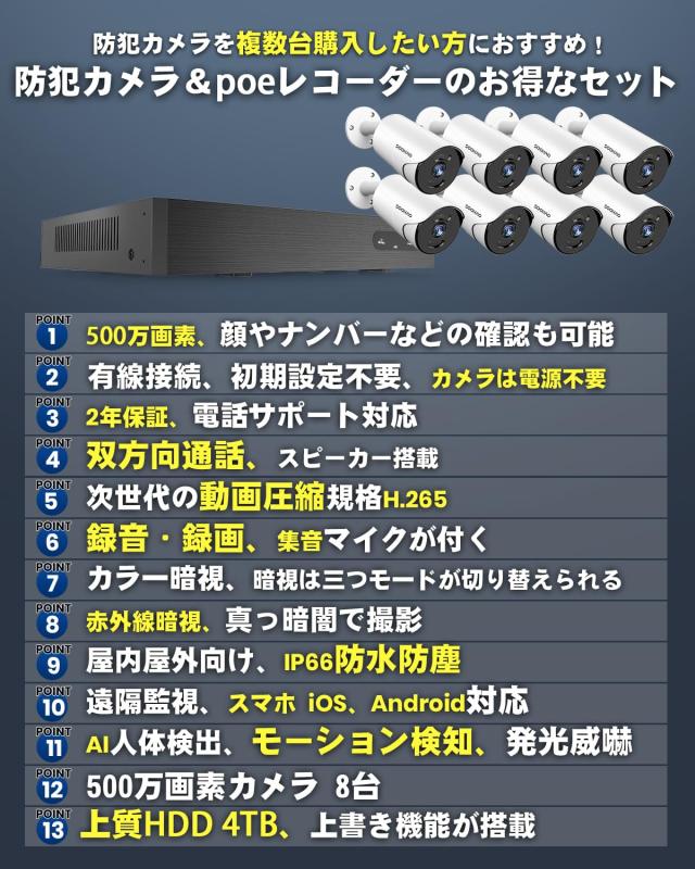 2024年版【500万画素・2TB】SOOHAO 防犯カメラ poe給電 有線 監視