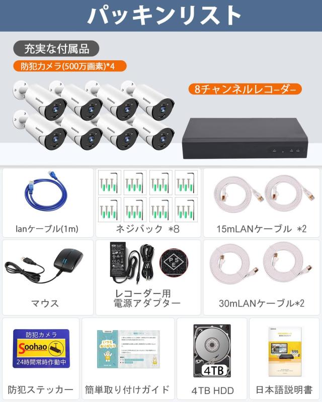 2024年版【500万画素・2TB】SOOHAO 防犯カメラ poe給電 有線 監視