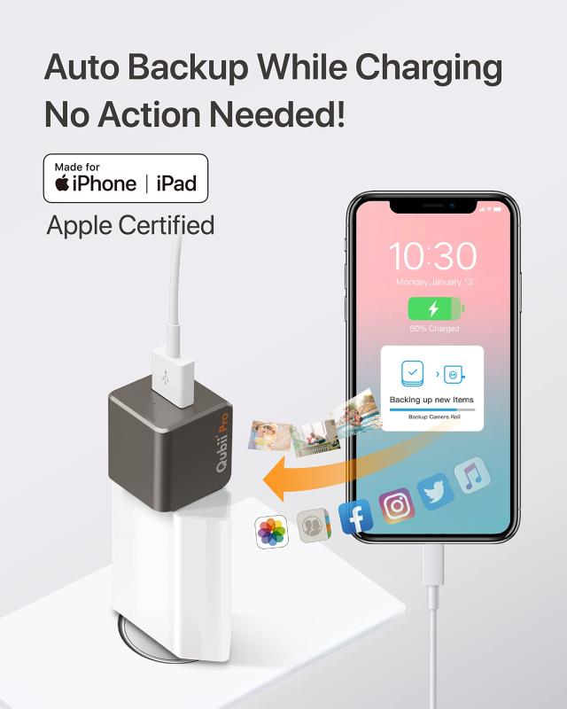 Maktar Qubii Pro グレー (microSD 128GB付) 充電しながら自動バックアップ iphone usbメモリ ipa : Maktar Qubii Pro (microSD 512GB付) 充電しながら自動
