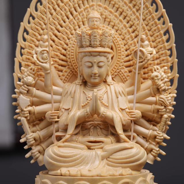 TheChanger 繁樓藝雕 仏像 千手観音 仏壇仏像 桧木製 木彫り 置物 専属千手光背 八角台座 子年 守り本尊 祈る 厄除け（高さ28cm×巾12cm