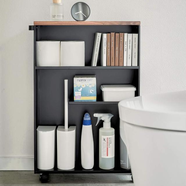 山崎実業(Yamazaki) ハンドル付き スリム トイレラック ブラック 約W13XD47.5XH68.5cm タワー【本体完成品:キャスターのみお客様取り付け_1