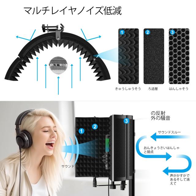 Aokeo マイク 防音 吸音材 シールド マイク分離シールド 折り畳み