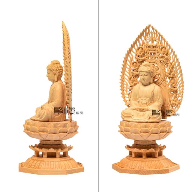 TheChanger 繁樓藝雕 仏像 釈迦如来 曹洞宗 臨済宗 仏壇仏像 木彫り 桧木製 祈る 厄除け 飛天光背 八角台座（高さ28cm×巾12cm×奥行12cm