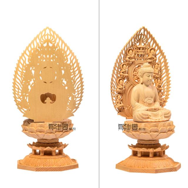 TheChanger 繁樓藝雕 仏像 釈迦如来 曹洞宗 臨済宗 仏壇仏像 木彫り 桧木製 祈る 厄除け 飛天光背 八角台座（高さ28cm×巾12cm×奥行12cm