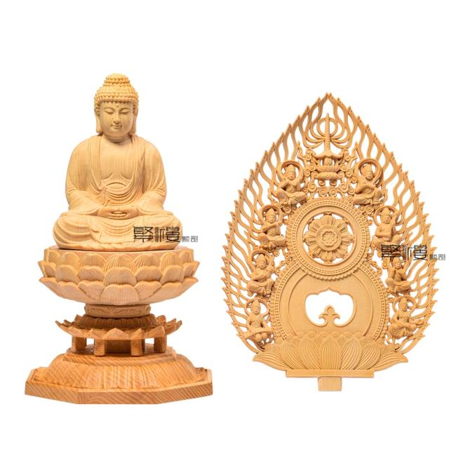 TheChanger 繁樓藝雕 仏像 釈迦如来 曹洞宗 臨済宗 仏壇仏像 木彫り 桧木製 祈る 厄除け 飛天光背 八角台座（高さ28cm×巾12cm×奥行12cm