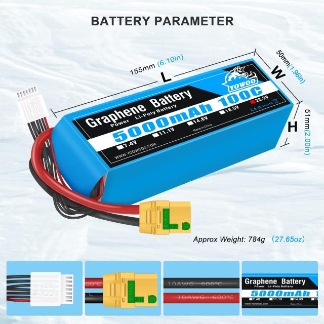 Yowoo RC リポバッテリー6S 5000mAh 100C 22.2vグラフェンバッテリー with XT90S Plug for RC DJI EDF飛行機クアッドコプターヘリコプタ_2