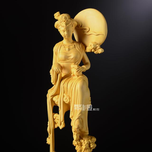 繁樓藝雕 月の神 嫦娥 置物 木彫り 中秋 天女像 中国神話人物 手作り