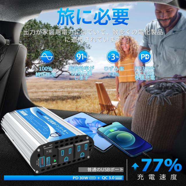 正弦波 300W カー インバーター 車載充電器 変換電源 DC12VをAC100Vに変換 55Hz 車載 インバーター QC3.0 USB-A ＆ PD30W USB-C 超快速充_5