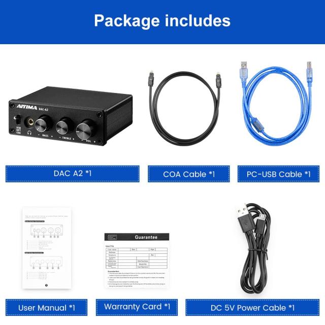 AIYIMA DAC-A2 ヘッドフォンアンプ PC-USB/光/コアキシャル入力、RCA