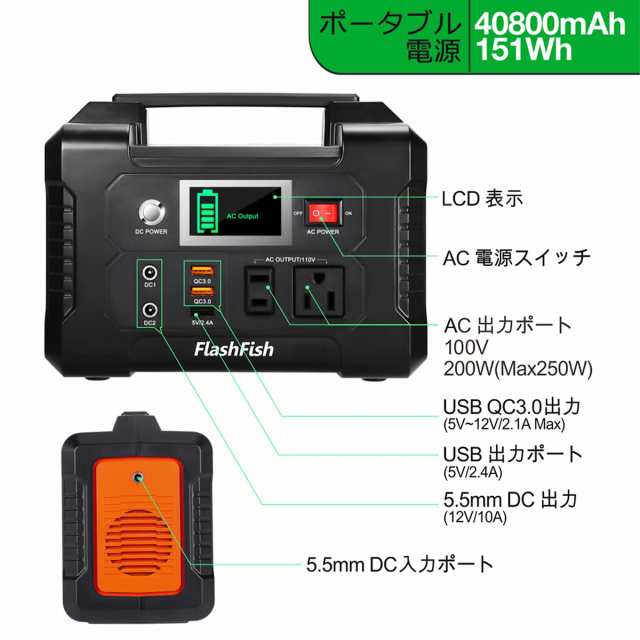 FlashFish ポータブル電源 大容量 小型発電機 40800mAh/151Wh AC(200W 瞬間最大250W) DC(120W) USB出力  家庭用蓄電池 急速充電QC3.0搭載 の通販はau PAY マーケット - Treasure-Moments au PAY マーケット店 | au  PAY マーケット－通販サイト