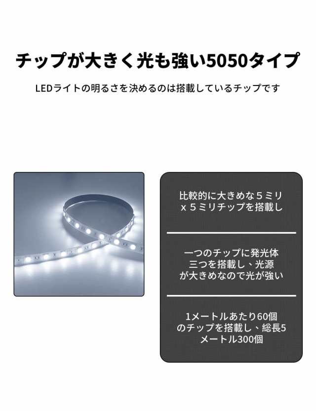 ledテープライト SMD5050高輝度 60LEDs/m 入電電圧12v 5m カット可能 車用LEDテープ 取付簡単 間接照明 飾り テープled  ホワイト｜au PAY マーケット