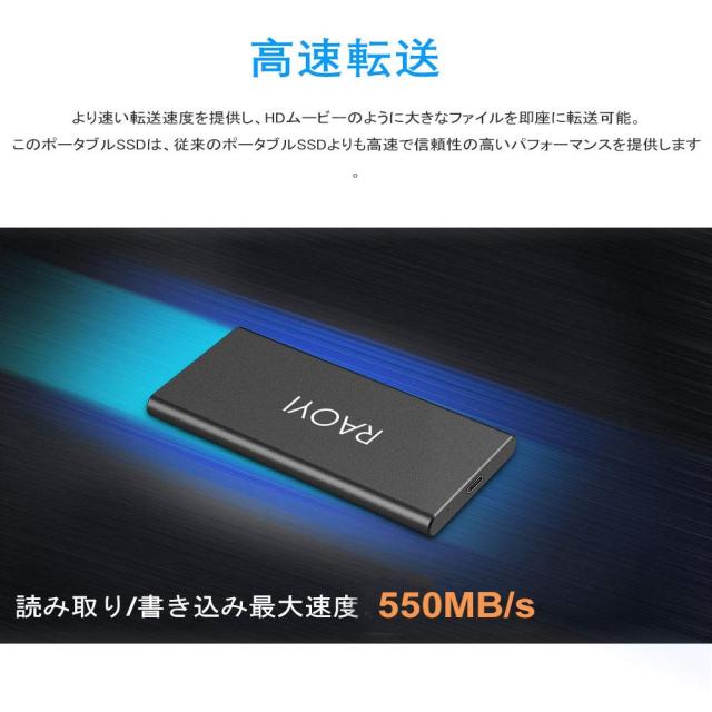 RAOYI 外付けSSD 500GB USB3.1 Gen2 ポータブルSSD 転送速度最大550MB/秒 PS4動作確認済 超薄型・超高速Type-A/Type-C 耐衝撃 防滴 黒