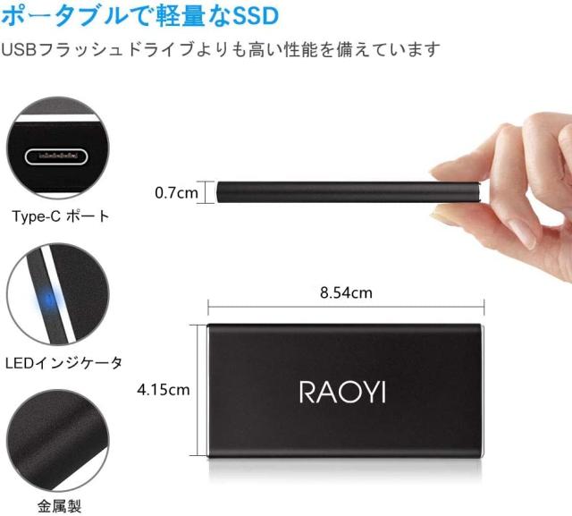 RAOYI 外付けSSD 500GB USB3.1 Gen2 ポータブルSSD 転送速度最大550MB/秒 PS4動作確認済 超薄型・超高速Type-A/Type-C 耐衝撃 防滴 黒