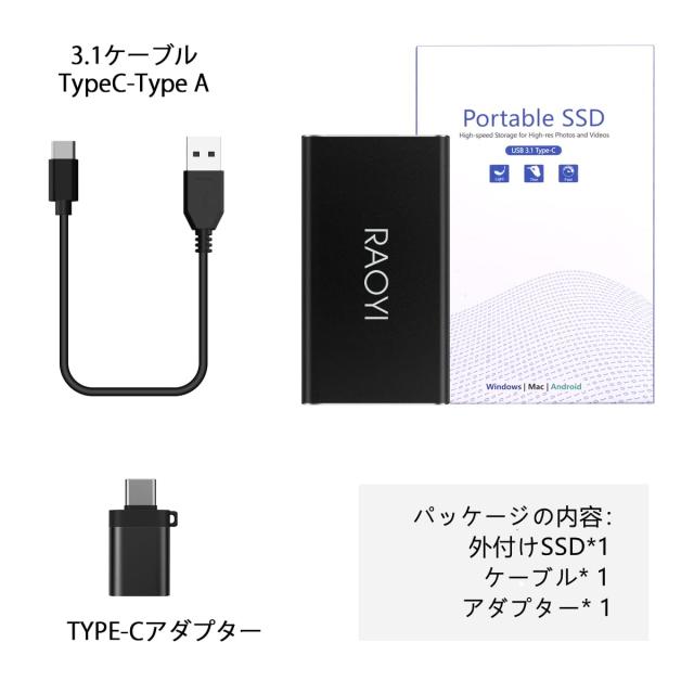 RAOYI 外付けSSD 500GB USB3.1 Gen2 ポータブルSSD 転送速度最大550MB/秒 PS4動作確認済 超薄型・超高速Type-A/Type-C 耐衝撃 防滴 黒