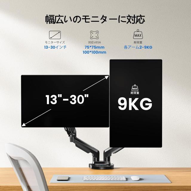 HUANUO PCモニターアーム デュアル 液晶ディスプレイアーム 2画面 13〜30インチ対応 耐荷重2〜9kg ガススプリング式 グロメット式＆クラ_1