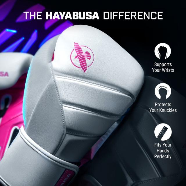 Hayabusa T3ボクシンググローブ（男女兼用） - ホワイト/ピンク, 12oz