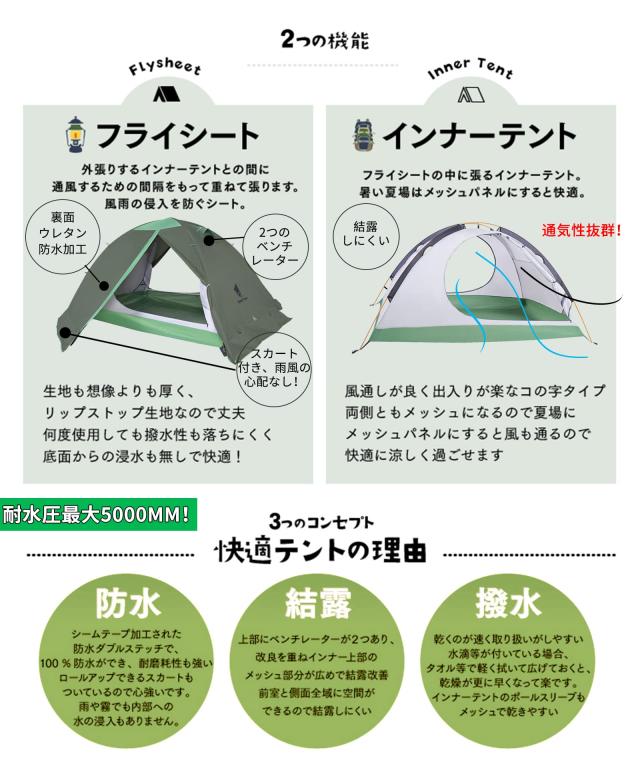 GEERTOP テント 2人用 ソロテント 軽量 4シーズン 二重層 耐水圧5000MM