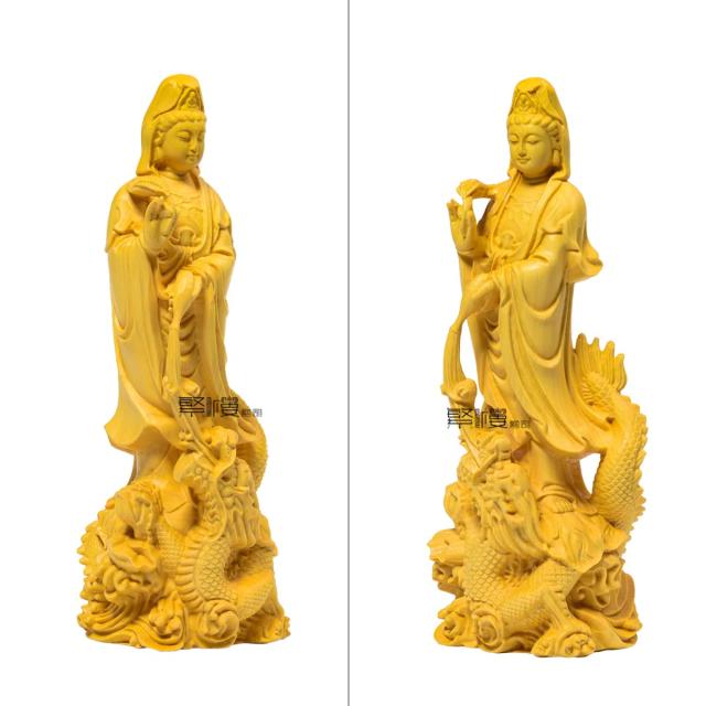 繁樓藝雕 仏像 観音像 龍乗観音 龍観音 置物 木彫り 仏壇仏像 祈る 厄除け 柘植の木（高さ17cm×巾6.5cm×奥行6cm）