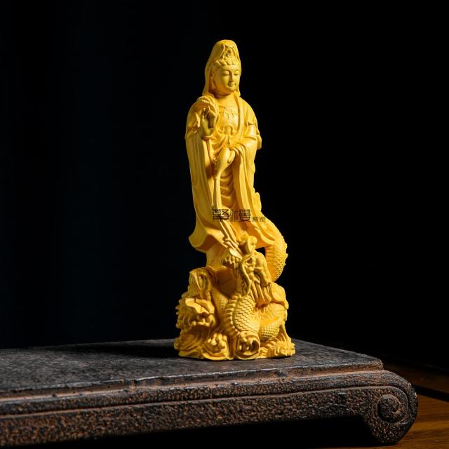 繁樓藝雕 仏像 観音像 龍乗観音 龍観音 置物 木彫り 仏壇仏像 祈る 厄除け 柘植の木（高さ17cm×巾6.5cm×奥行6cm）