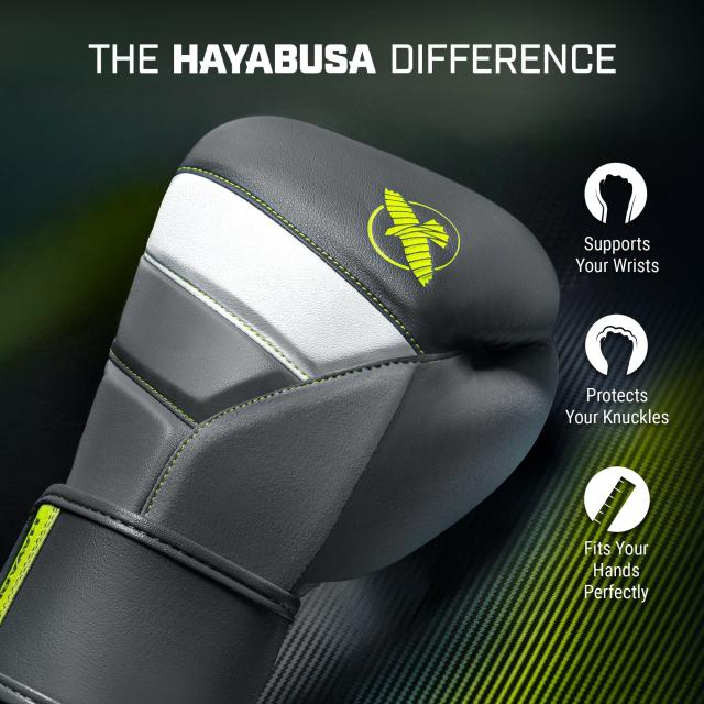 Hayabusa T3ボクシンググローブ（男女兼用） - チャコール/ライム, 14oz