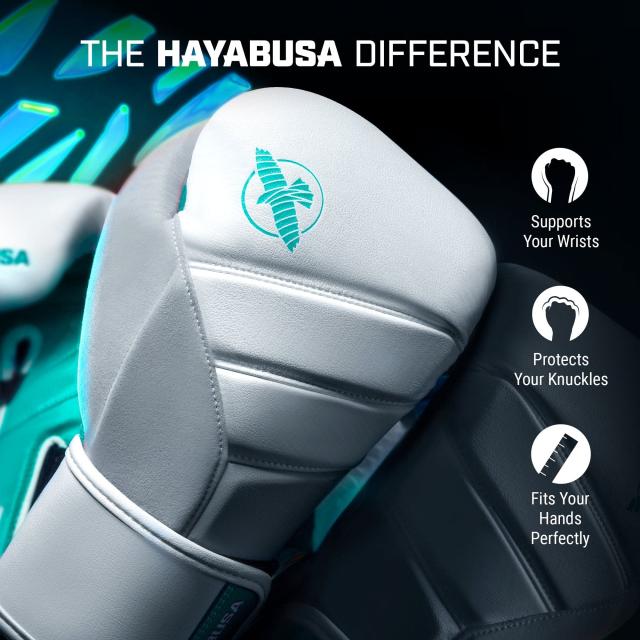 Hayabusa T3ボクシンググローブ（男女兼用） - ホワイト/ティール, 12oz Hayabusa T3ボクシンググローブ（男女兼用） - ホワイト/ティール